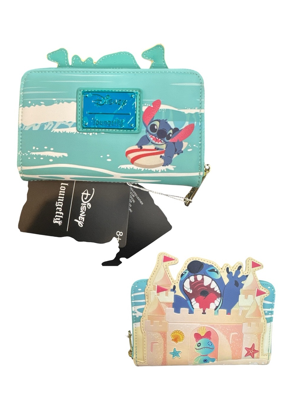 collectable Loungefly Teal Stitch Surf Zip Wallet with Pastel Castle Accents